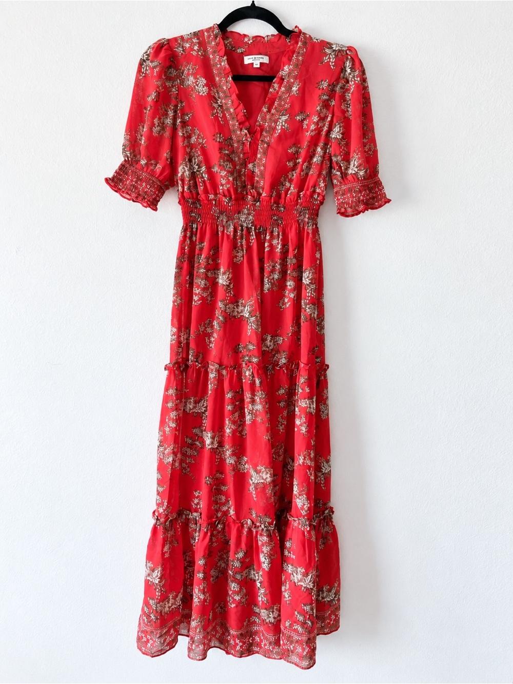 Max Studio London Red Floral Smocked Waist Tiered Boho Maxi Dress Size XS